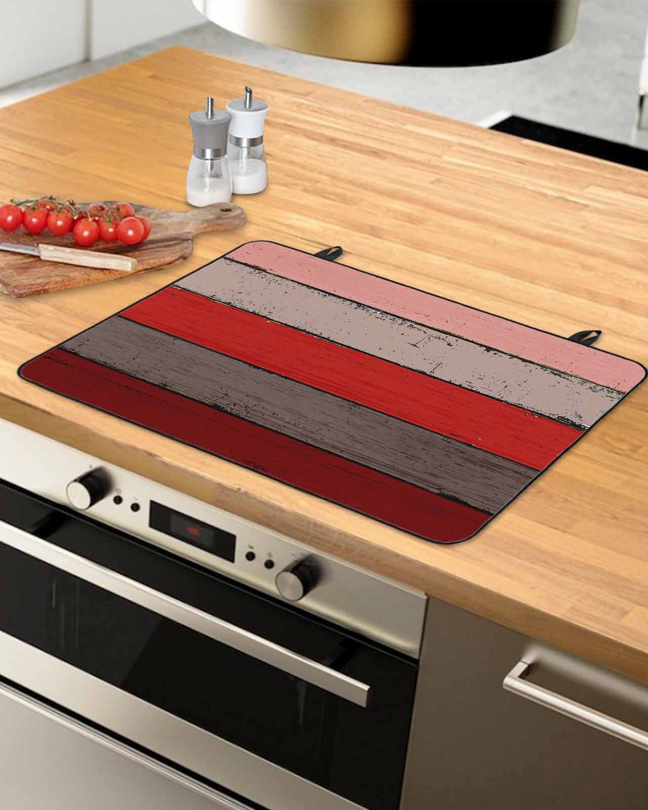 nqOlkjepod Large Induction Cooktop Protector Mat 24"x21", Red Wooden Stove Top Covers for Electric Stove, Grey Stripe Gradient Country Rustic Grain Stove Burner Cover Mats, Glass Top Stove Cover