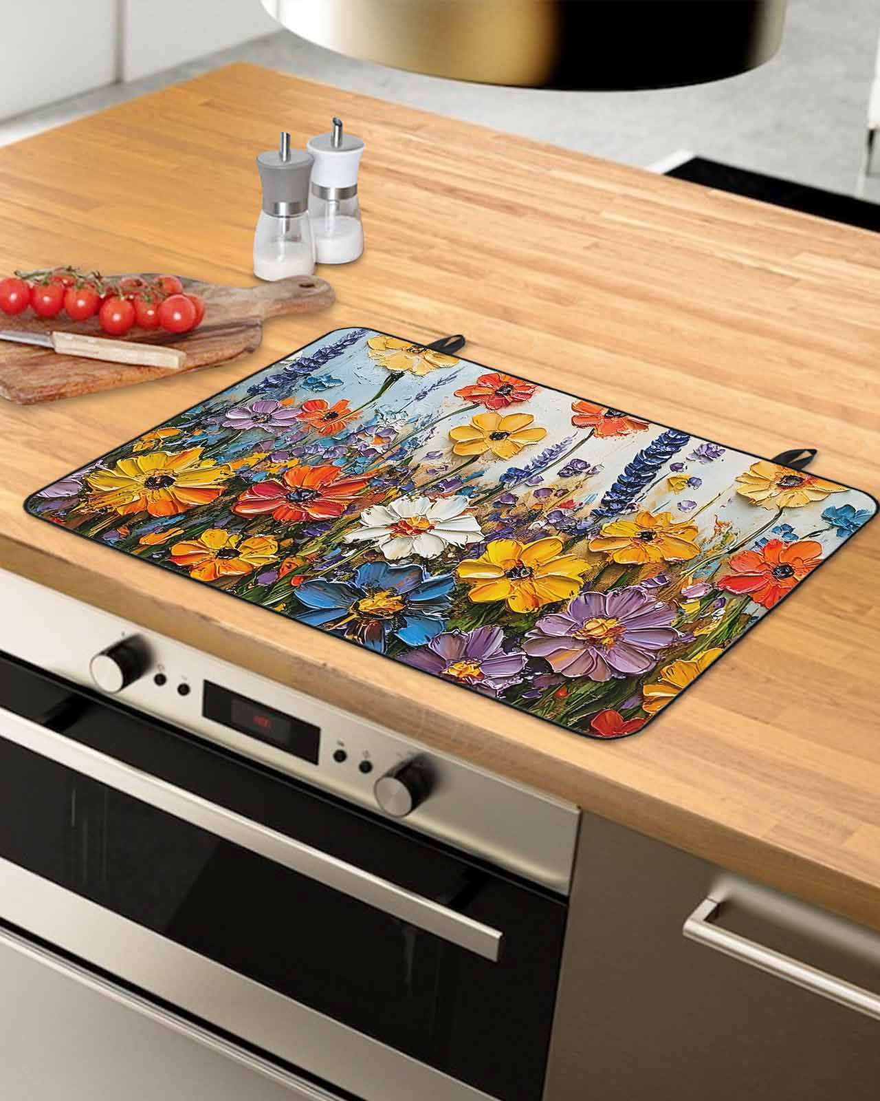 nqOlkjepod Large Induction Cooktop Protector Mat 24"x21", Retro Botanical Blossom Stove Top Covers for Electric Stove, Oil Painting Abstract Flowers Stove Burner Cover Mats, Glass Top Stove Cover