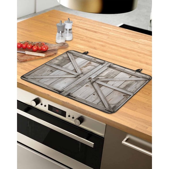nqOlkjepod Large Induction Cooktop Protector Mat 24"x21", Retro Brown Door Stove Top Covers for Electric Stove, Pastoral Vintage Wooden Door Decorative Stove Burner Cover Mats, Glass Top Stove Cover