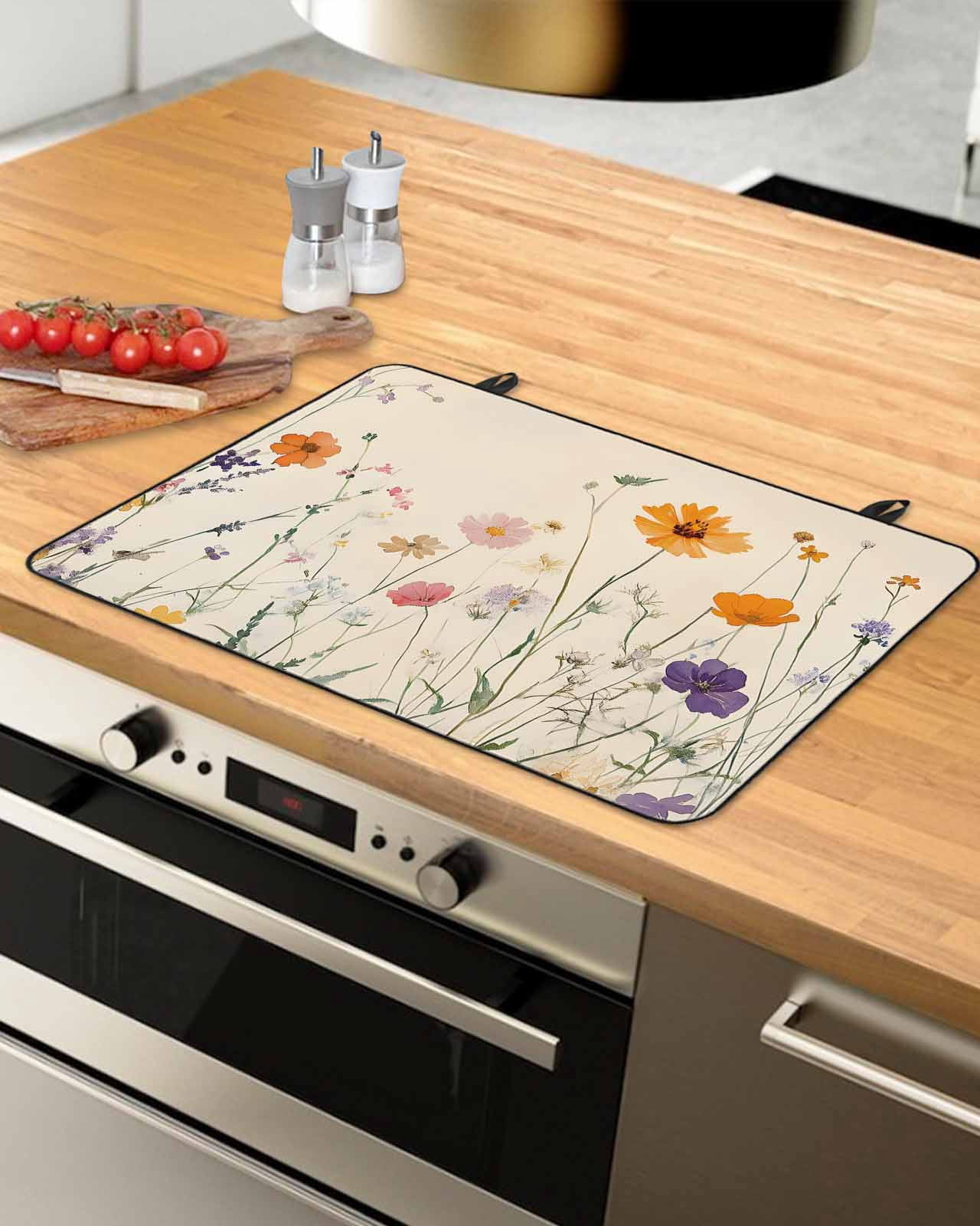 nqOlkjepod Large Induction Cooktop Protector Mat 24"x21", Retro Spring Floral Stove Top Covers for Electric Stove, Botanical Flowers Summer Decorative Stove Burner Cover Mats, Glass Top Stove Cover