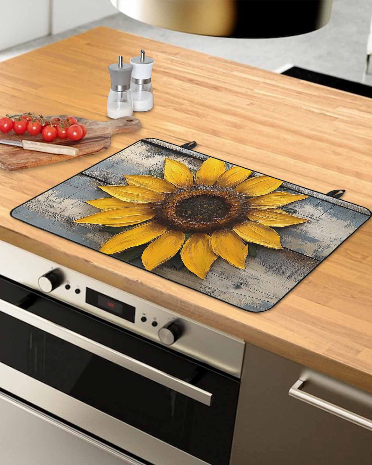 nqOlkjepod Large Induction Cooktop Protector Mat 24"x21", Retro Sunflower Stove Top Covers for Electric Stove, Summer Farmhouse Botanical Wood Floral Stove Burner Cover Mats, Glass Top Stove Cover