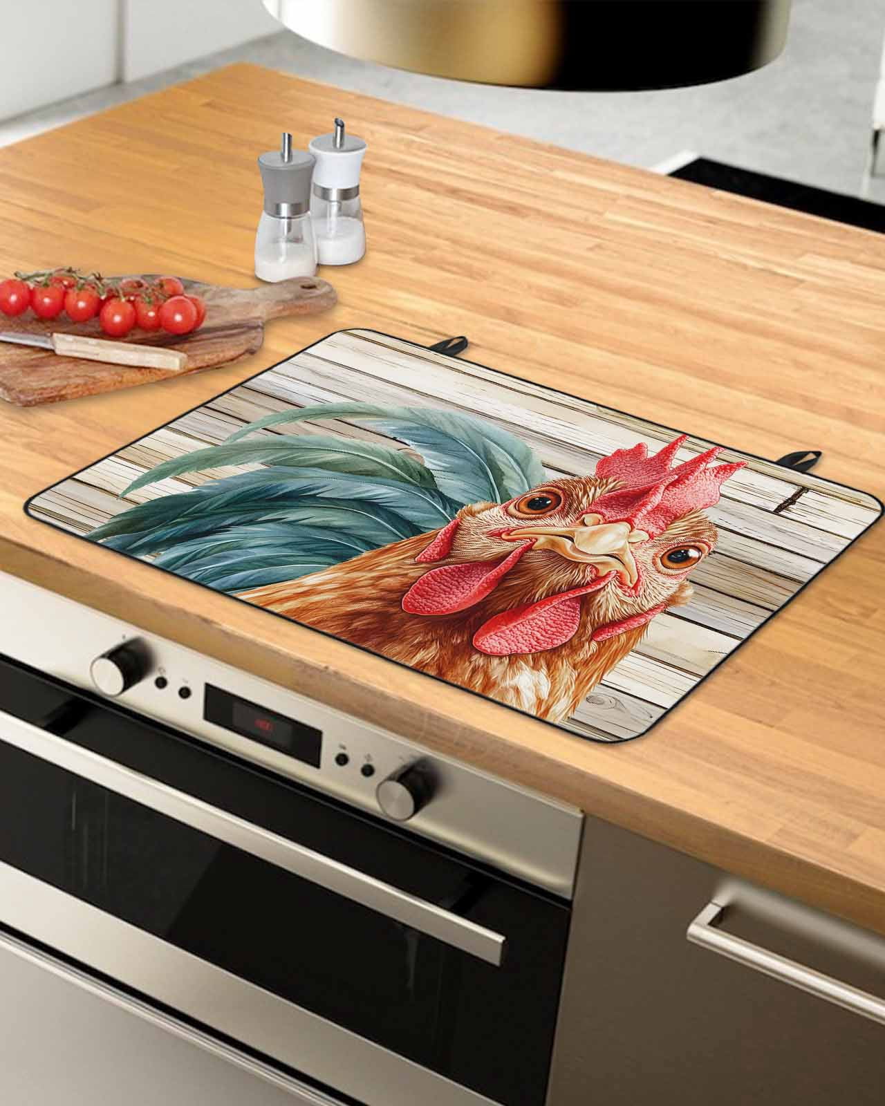 nqOlkjepod Large Induction Cooktop Protector Mat 24"x21", Rooster Feather Stove Top Covers for Electric Stove, Farmhouse Vintage Wooden Grain Stove Burner Cover Mats, Glass Top Stove Cover