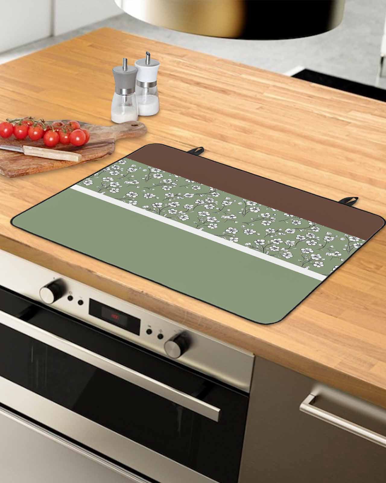 nqOlkjepod Large Induction Cooktop Protector Mat 24"x21", Sage Green Brown Flowers Stove Top Covers for Electric Stove, Classic Botanical Art Elegant Stove Burner Cover Mats, Glass Top Stove Cover