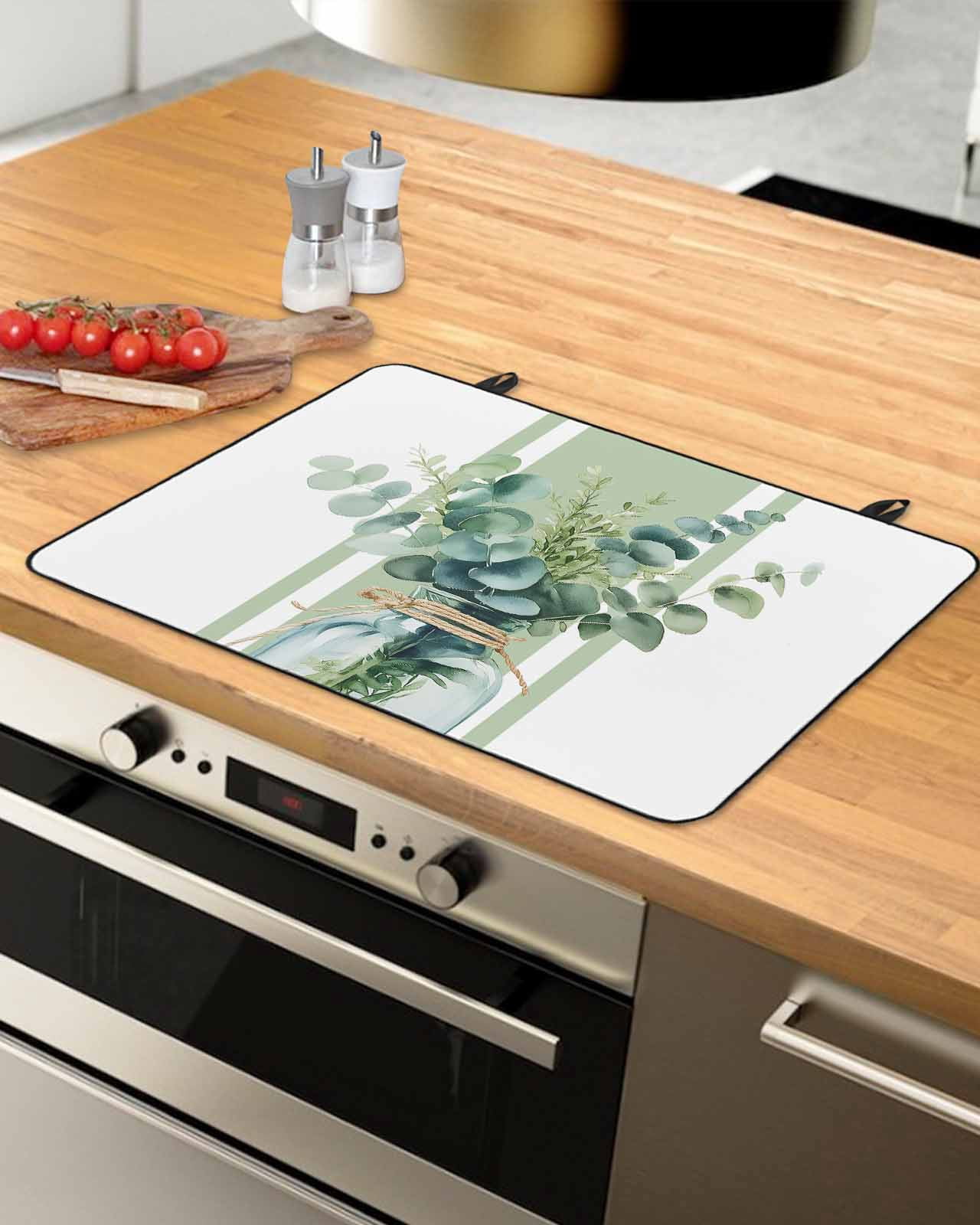 nqOlkjepod Large Induction Cooktop Protector Mat 24"x21", Sage Green Eucalyptus Leaves Stove Top Covers for Electric Stove, Farmhouse Stripe Botanical Stove Burner Cover Mats, Glass Top Stove Cover