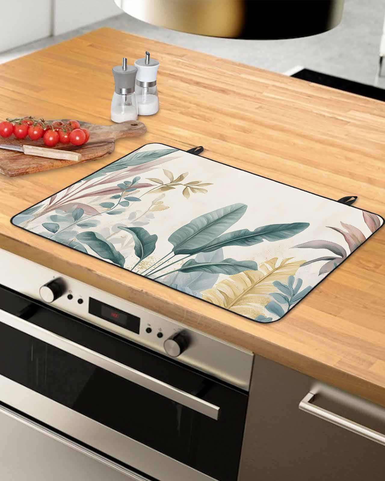 nqOlkjepod Large Induction Cooktop Protector Mat 24"x21", Sage Green Tropical Leaves Stove Top Covers for Electric Stove, Watercolor Botanical Stove Burner Cover Mats, Glass Top Stove Cover