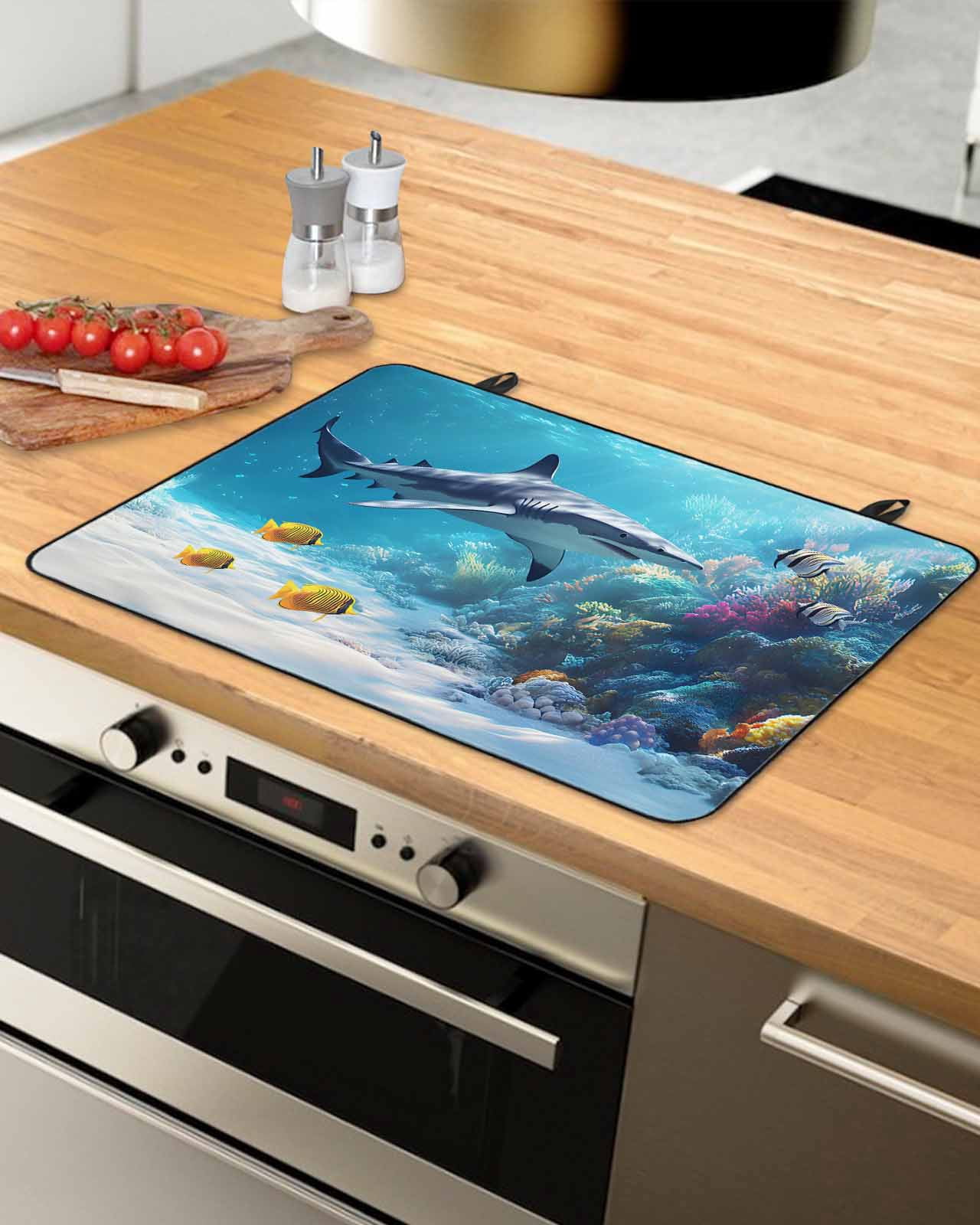 nqOlkjepod Large Induction Cooktop Protector Mat 24"x21", Shark Coastal Stove Top Covers for Electric Stove, Summer Beach Coral Ocean Nautical Stove Burner Cover Mats, Glass Top Stove Cover