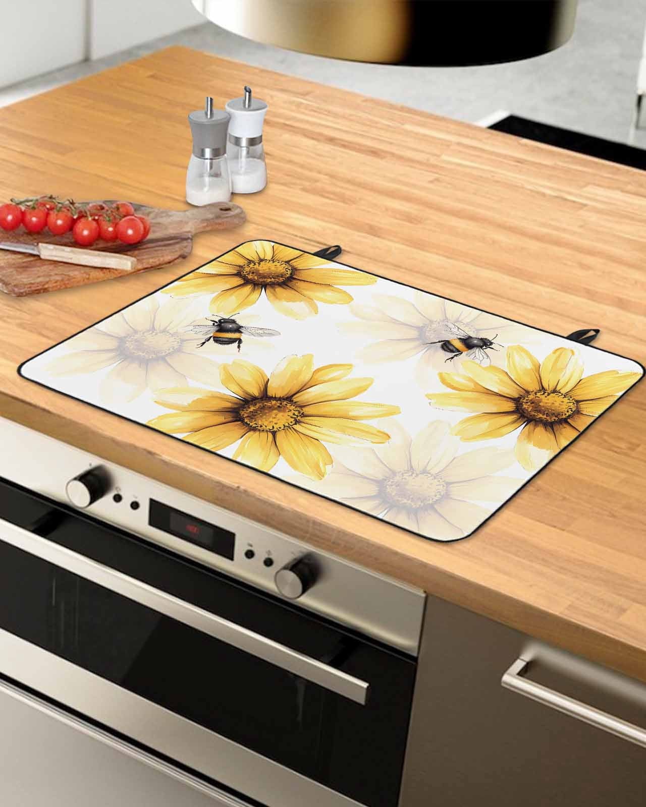 nqOlkjepod Large Induction Cooktop Protector Mat 24"x21", Spring Bees Stove Top Covers for Electric Stove, Sunflower White Vintage Botanical Art Stove Burner Cover Mats, Glass Top Stove Cover