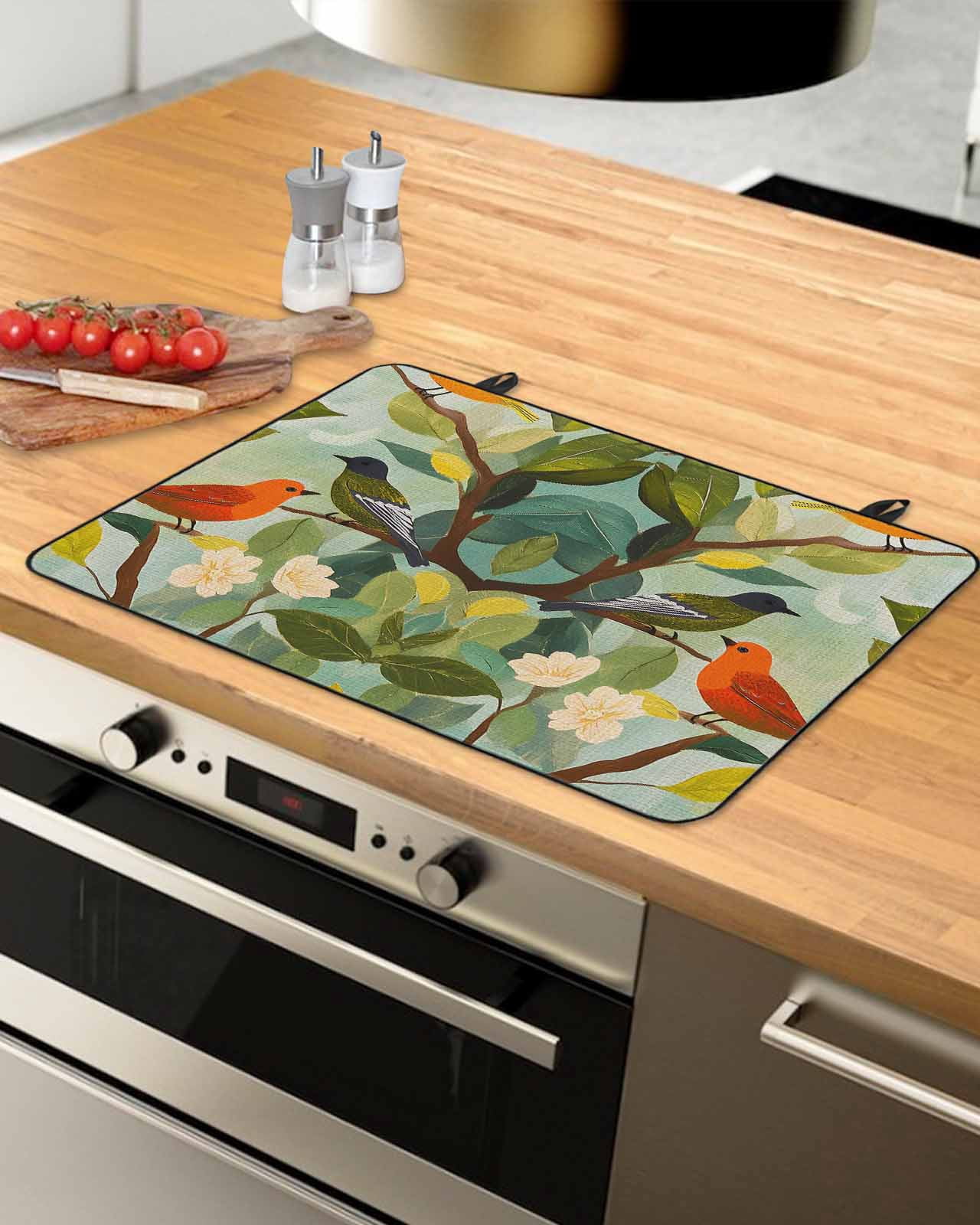 nqOlkjepod Large Induction Cooktop Protector Mat 24"x21", Spring Birds Leaves Stove Top Covers for Electric Stove, Summer Pastoral Botanical Decorative Stove Burner Cover Mats, Glass Top Stove Cover