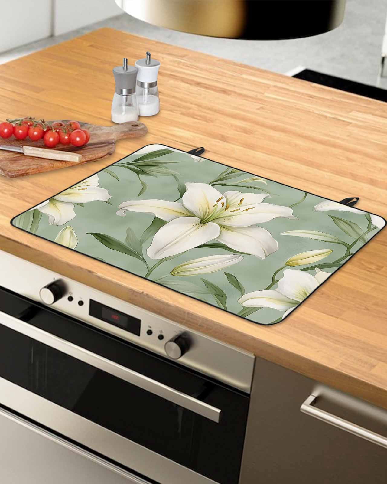 nqOlkjepod Large Induction Cooktop Protector Mat 24"x21", Spring Blooms Floral Stove Top Covers for Electric Stove, Sage Green Botanical Decorative Stove Burner Cover Mats, Glass Top Stove Cover