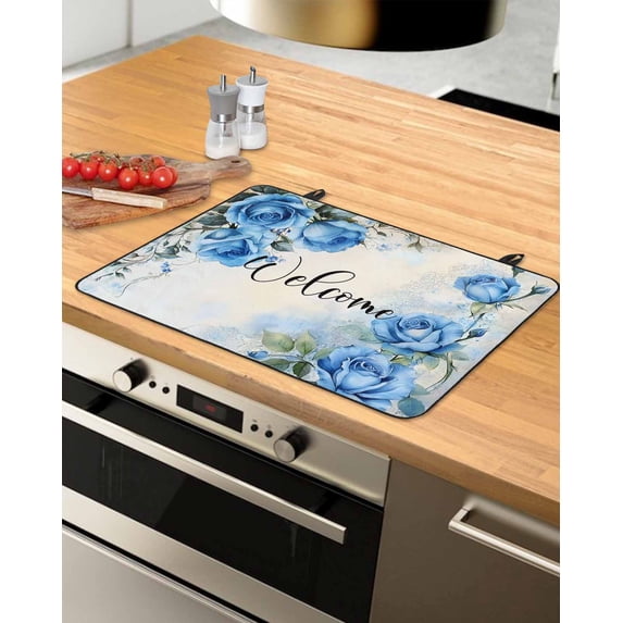 nqOlkjepod Large Induction Cooktop Protector Mat 24"x21", Spring Blue Rose Stove Top Covers for Electric Stove, Green Leaves Vintage Country Rustic Stove Burner Cover Mats, Glass Top Stove Cover