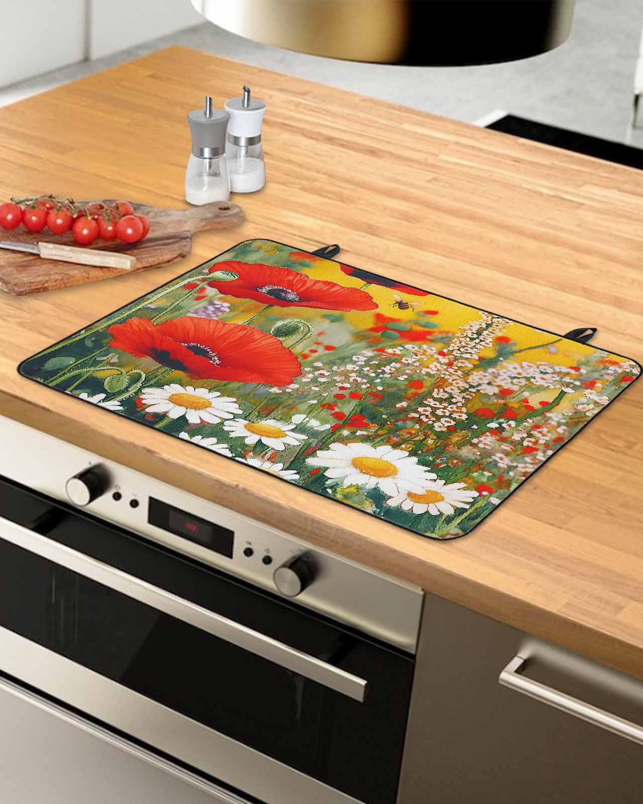 nqOlkjepod Large Induction Cooktop Protector Mat 24"x21", Spring Botanical Stove Top Covers for Electric Stove, Modern Watercolor Daisy Poppy Flower Bees Stove Burner Cover Mats Stove Cover