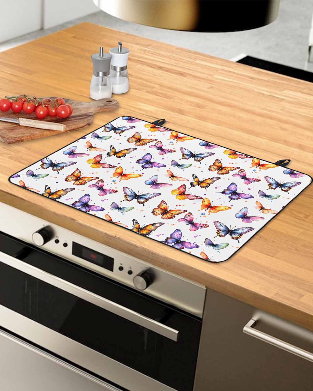 nqOlkjepod Large Induction Cooktop Protector Mat 24"x21", Spring Butterfly Stove Top Covers for Electric Stove, Summer Watercolor Farmhouse Decorative Stove Burner Cover Mats, Glass Top Stove Cover