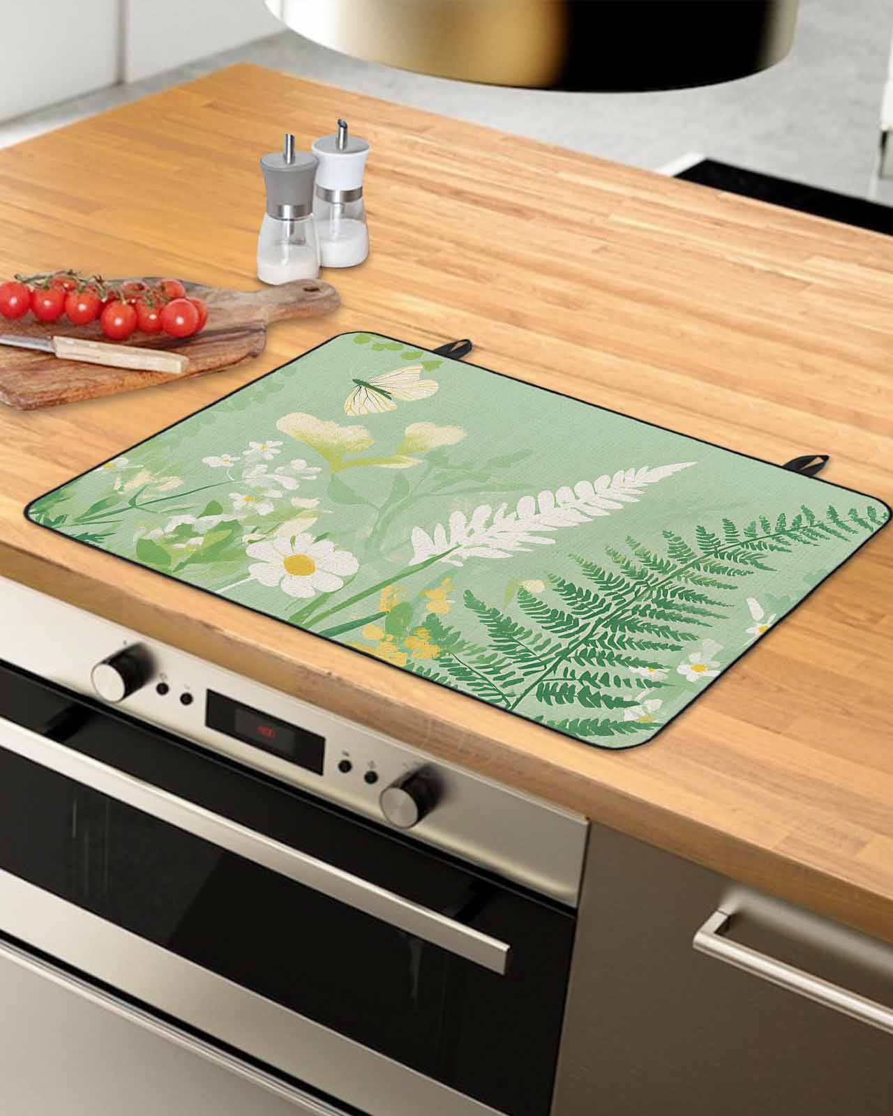 nqOlkjepod Large Induction Cooktop Protector Mat 24"x21", Spring Daisy Flowers Stove Top Covers for Electric Stove, Pastoral Garden Butterfly Chic Stove Burner Cover Mats, Glass Top Stove Cover