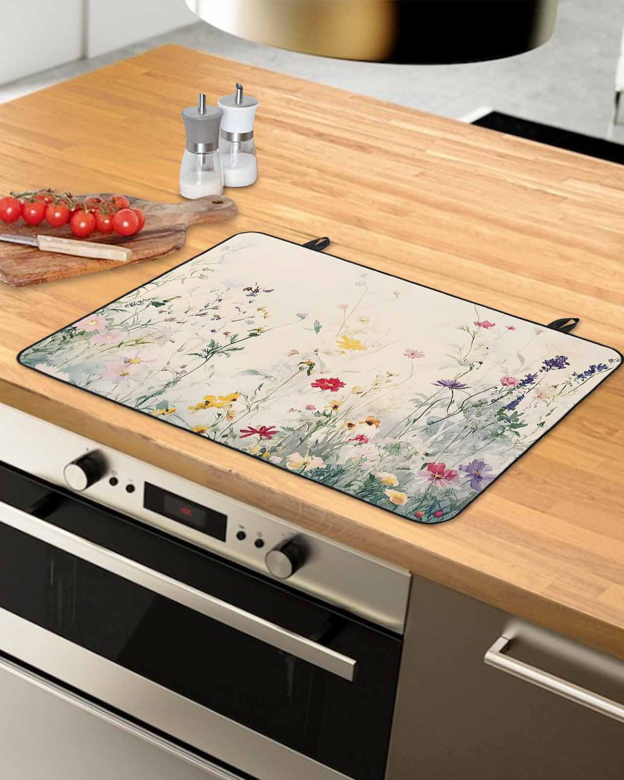 nqOlkjepod Large Induction Cooktop Protector Mat 24"x21", Spring Floral Botanical Stove Top Covers for Electric Stove, Summer Farmhouse Flowers Stove Burner Cover Mats, Glass Top Stove Cover