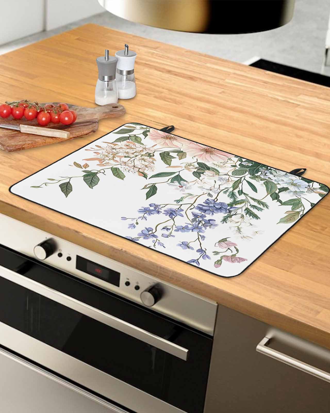 nqOlkjepod Large Induction Cooktop Protector Mat 24"x21", Spring Floral Leaves Stove Top Covers for Electric Stove, Rustic Watercolor Flowers Stove Burner Cover Mats, Glass Top Stove Cover