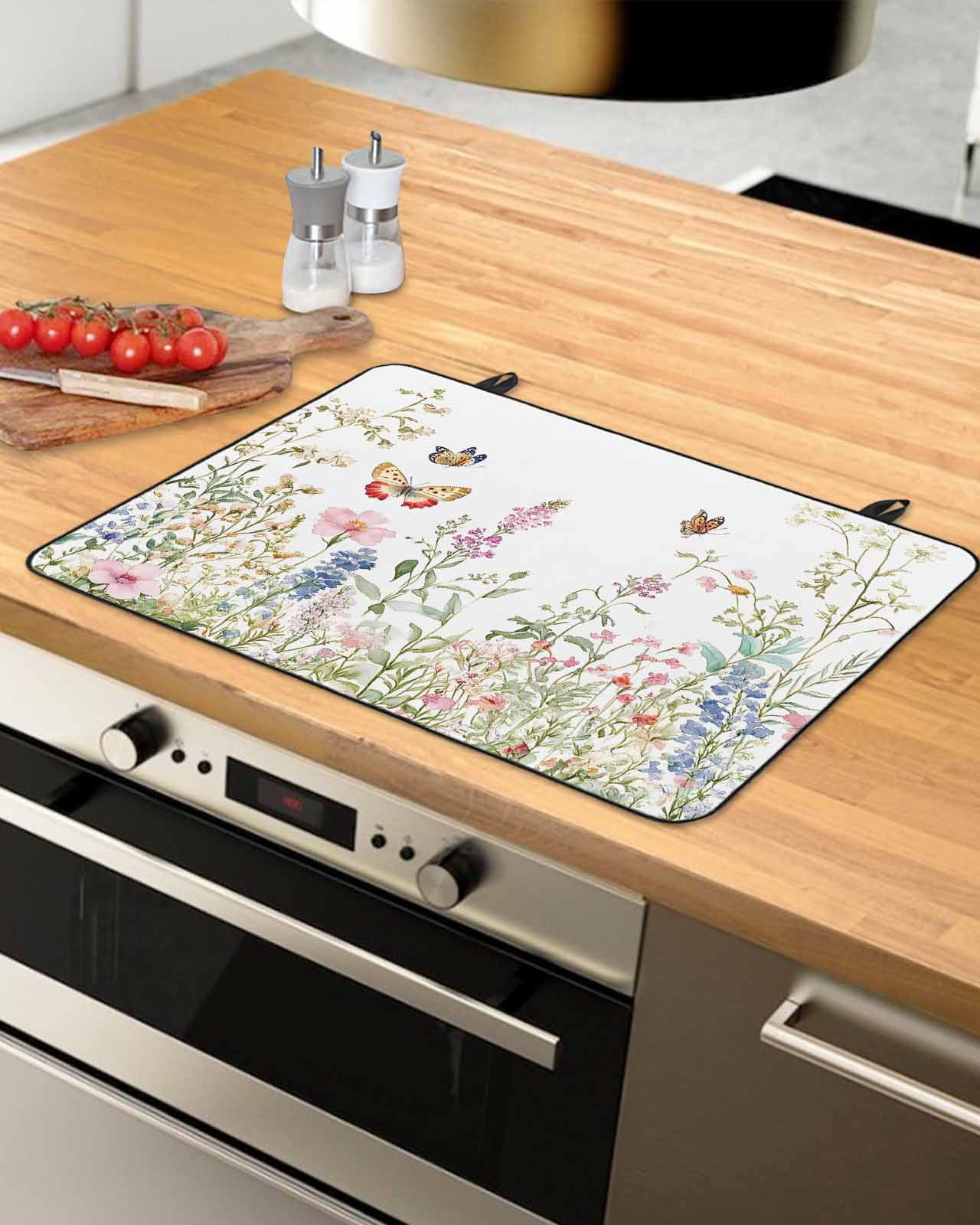 nqOlkjepod Large Induction Cooktop Protector Mat 24"x21", Spring Floral Stove Top Covers for Electric Stove, Butterfly Summer Flowers Pastoral Watercolor Stove Burner Cover Mats Stove Cover