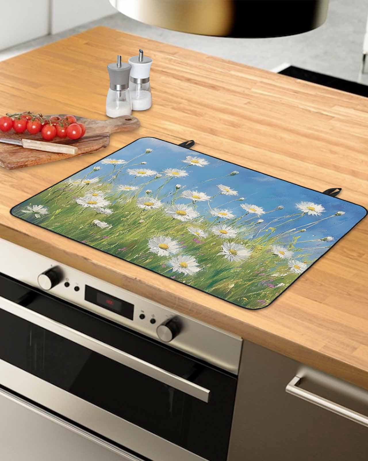 nqOlkjepod Large Induction Cooktop Protector Mat 24"x21", Spring Floral Stove Top Covers for Electric Stove, Modern Oil Painting Farmhouse Flower White Stove Burner Cover Mats, Glass Top Stove Cover