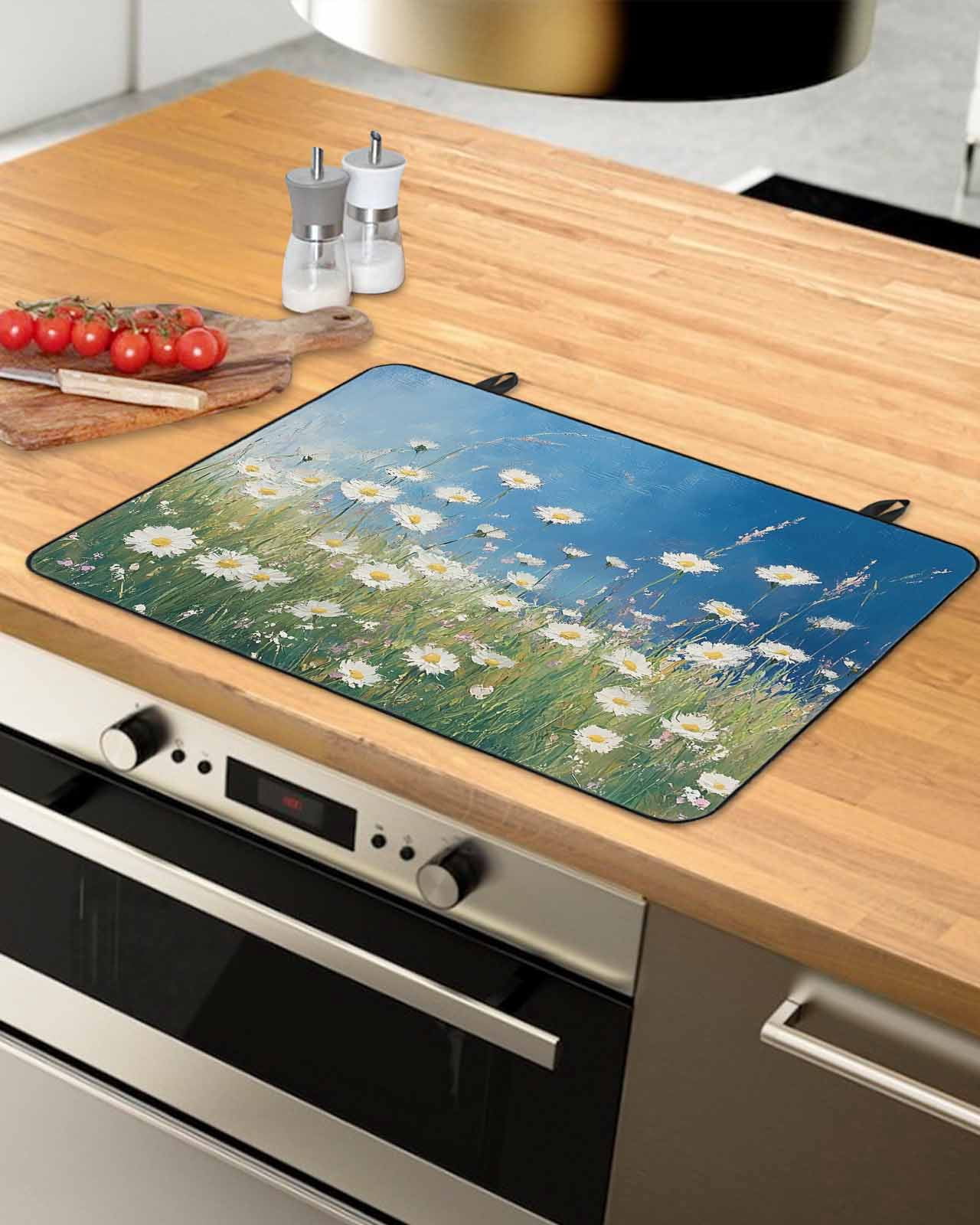 nqOlkjepod Large Induction Cooktop Protector Mat 24"x21", Spring Floral Stove Top Covers for Electric Stove, Modern Oil Painting Pastoral Flower Green White Stove Burner Cover Mats Stove Cover