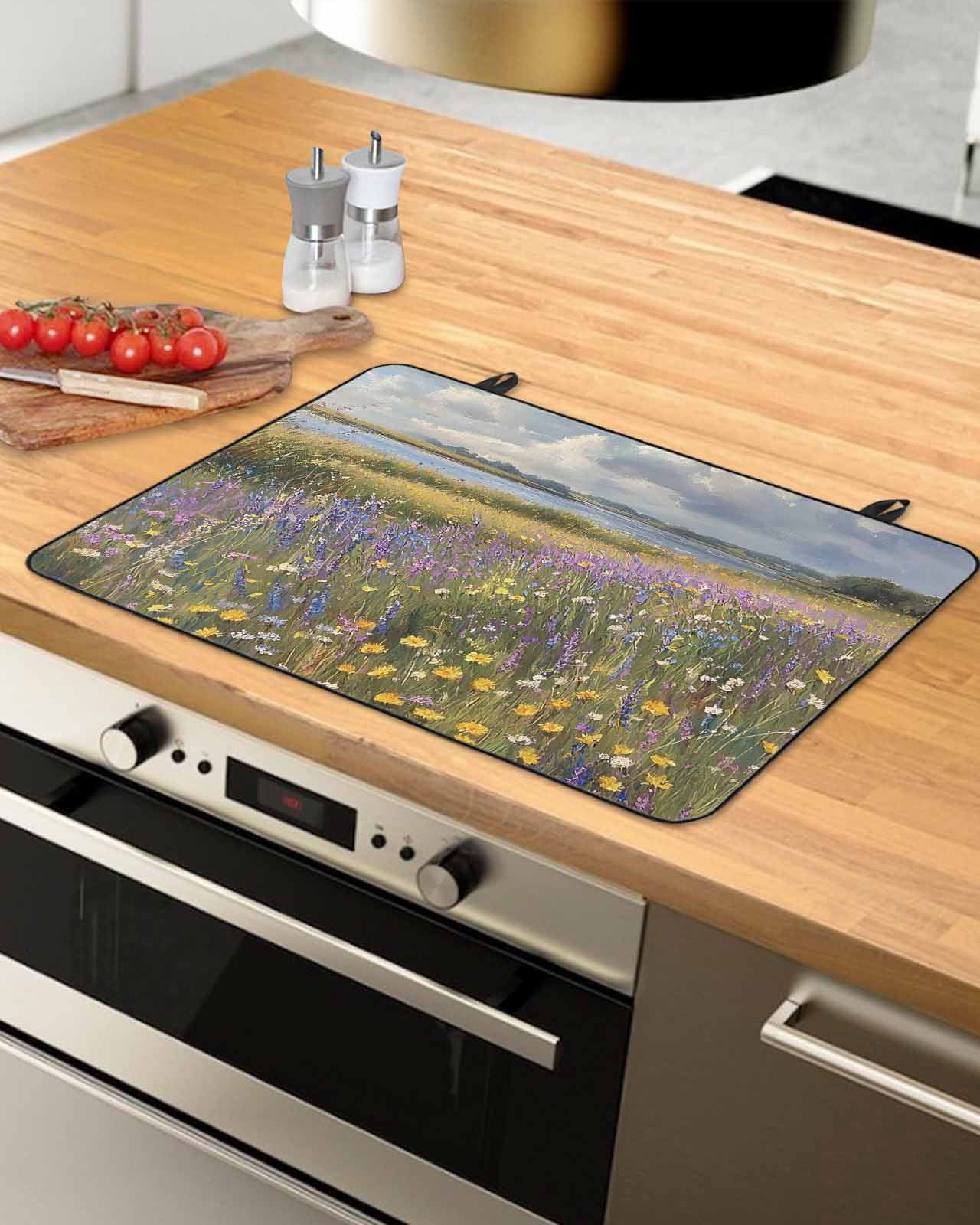 nqOlkjepod Large Induction Cooktop Protector Mat 24"x21", Spring Floral Stove Top Covers for Electric Stove, Pastoral Flowers Oil Painting Decorative Stove Burner Cover Mats, Glass Top Stove Cover