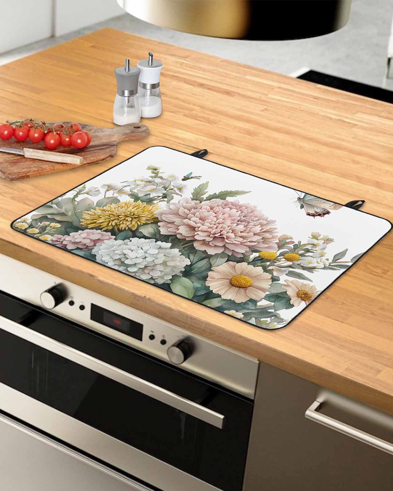 nqOlkjepod Large Induction Cooktop Protector Mat 24"x21", Spring Floral Stove Top Covers for Electric Stove, Pink Flowers Summer Botanical Butterfly Stove Burner Cover Mats, Glass Top Stove Cover