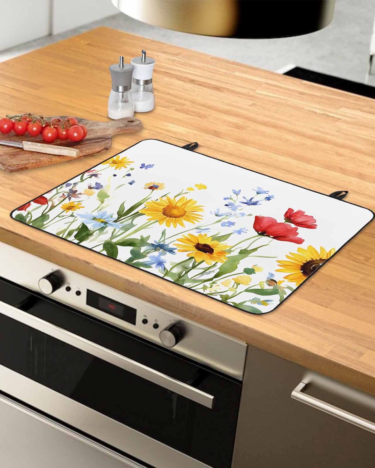 nqOlkjepod Large Induction Cooktop Protector Mat 24"x21", Spring Floral Stove Top Covers for Electric Stove, Summer Pastoral Botanical Decorative Stove Burner Cover Mats, Glass Top Stove Cover