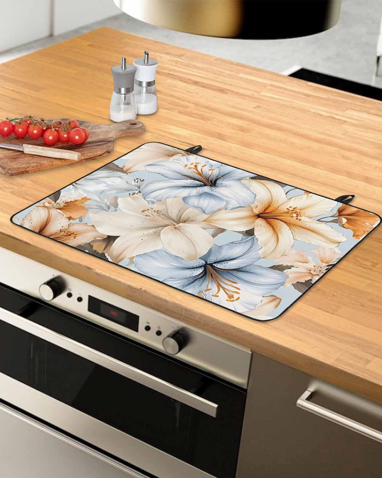 nqOlkjepod Large Induction Cooktop Protector Mat 24"x21", Spring Floral Stove Top Covers for Electric Stove, Vintage Orange Blue Botanical Blooming Stove Burner Cover Mats, Glass Top Stove Cover