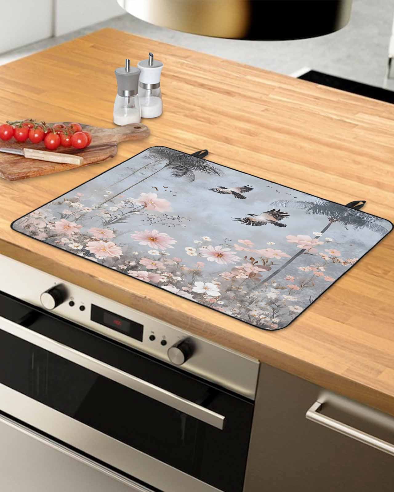 nqOlkjepod Large Induction Cooktop Protector Mat 24"x21", Spring Floral Stove Top Covers for Electric Stove, Watercolor Birds Tree Botanical Flower Stove Burner Cover Mats, Glass Top Stove Cover