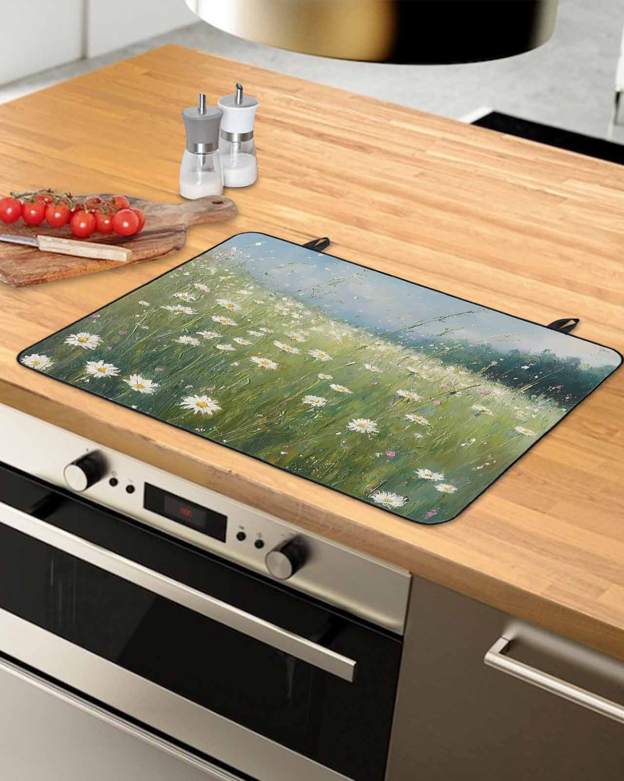 nqOlkjepod Large Induction Cooktop Protector Mat 24"x21", Spring Floral Stove Top Covers for Electric Stove, Whit Green Botanical Modern Oil Painting Stove Burner Cover Mats, Glass Top Stove Cover