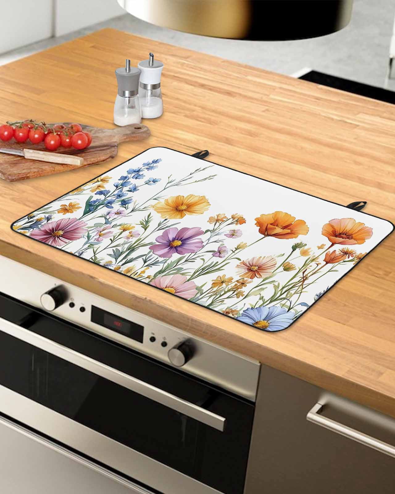 nqOlkjepod Large Induction Cooktop Protector Mat 24"x21", Spring Floral Stove Top Covers for Electric Stove, Yellow Pink Flowers Pastoral Decorative Stove Burner Cover Mats, Glass Top Stove Cover