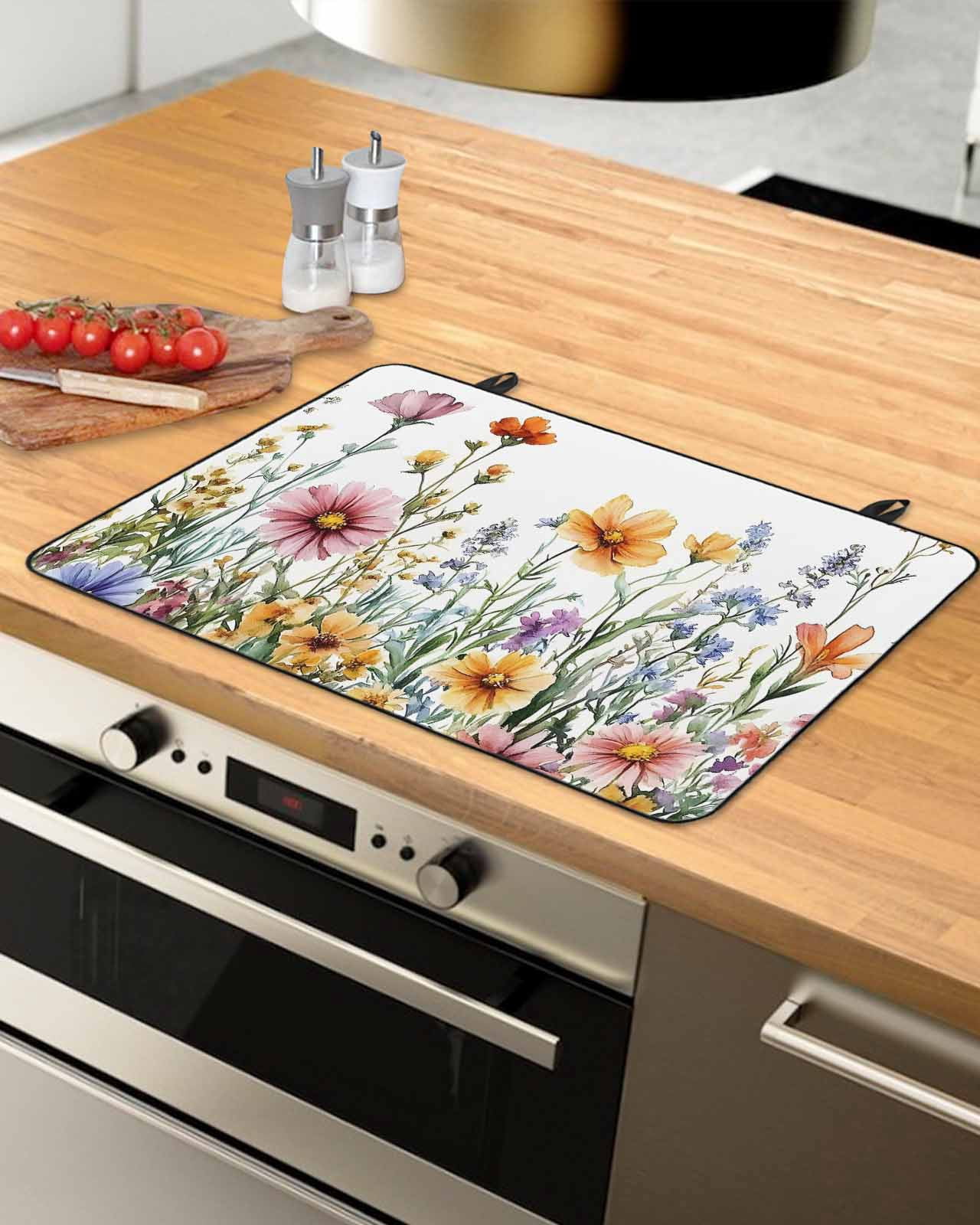 nqOlkjepod Large Induction Cooktop Protector Mat 24"x21", Spring Floral Stove Top Covers for Electric Stove, Yellow Pink Flowers Watercolor Farmhouse Stove Burner Cover Mats, Glass Top Stove Cover