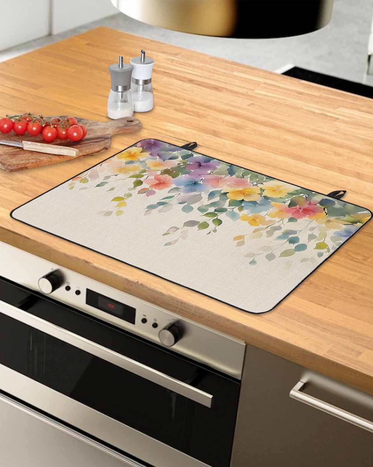 nqOlkjepod Large Induction Cooktop Protector Mat 24"x21", Spring Flowers Leaves Stove Top Covers for Electric Stove, Garden Vintage Retro Pastoral Stove Burner Cover Mats, Glass Top Stove Cover