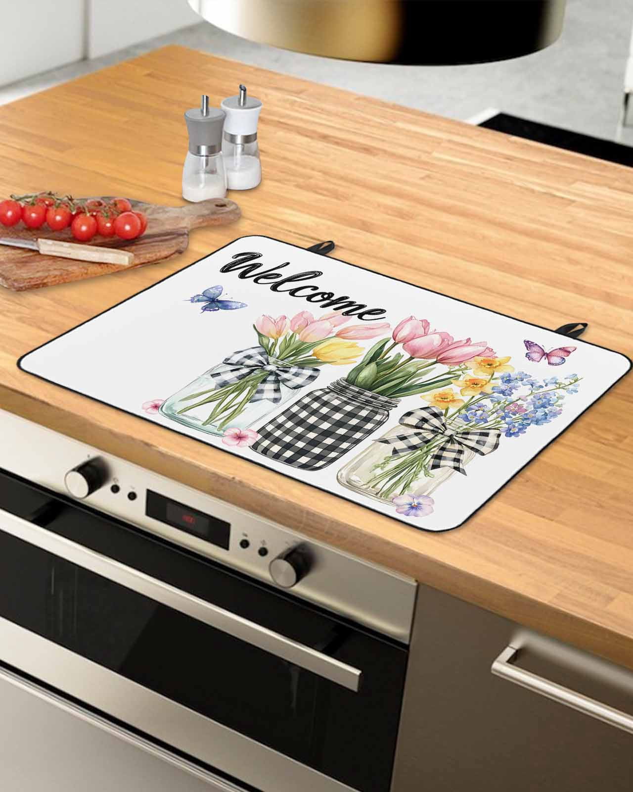 nqOlkjepod Large Induction Cooktop Protector Mat 24"x21", Spring Flowers Stove Top Covers for Electric Stove, Farmhouse Tulip Botanical Watercolor Stove Burner Cover Mats, Glass Top Stove Cover