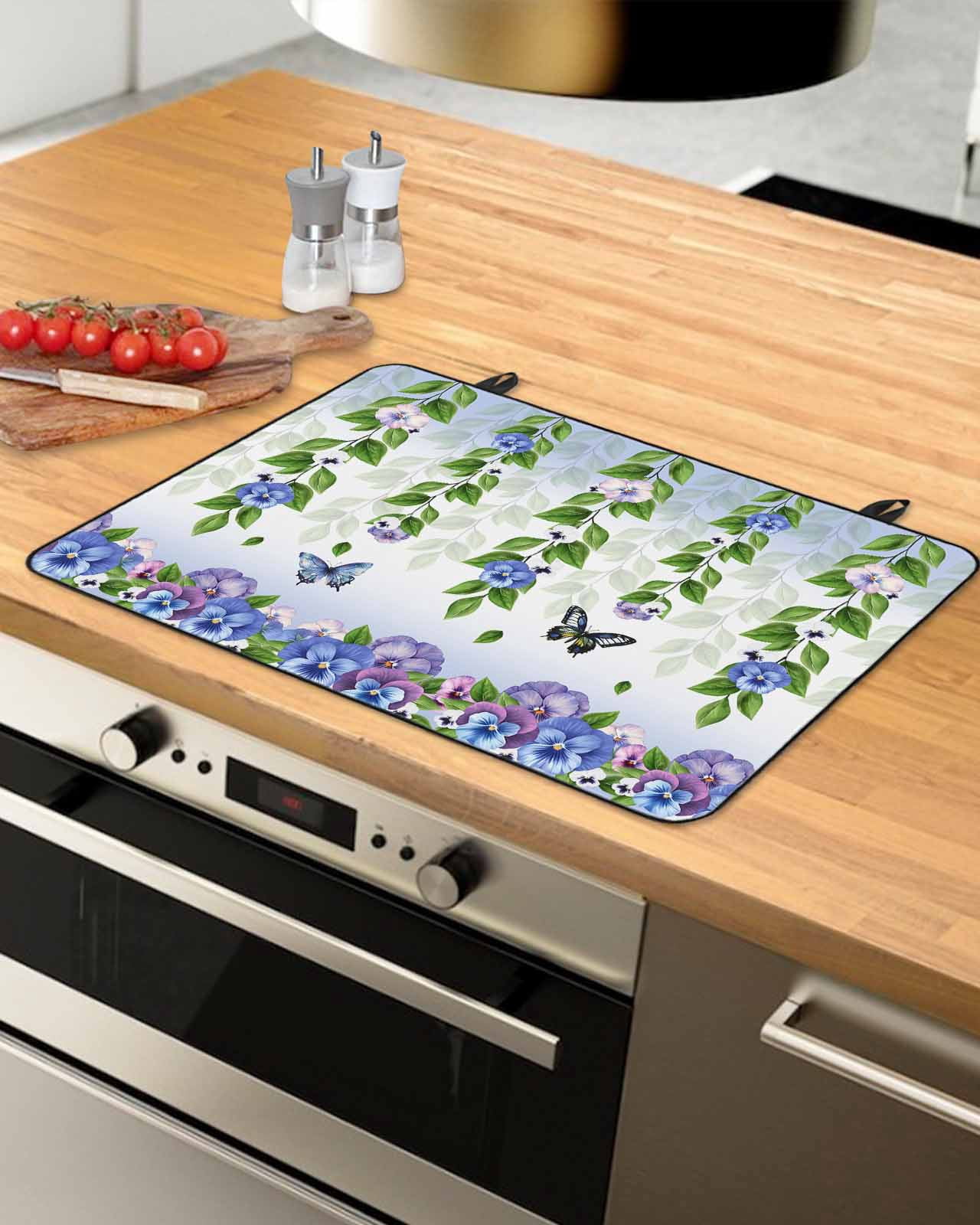 nqOlkjepod Large Induction Cooktop Protector Mat 24"x21", Spring Flowers Stove Top Covers for Electric Stove, Summer Botanical Butterfly Watercolor Stove Burner Cover Mats, Glass Top Stove Cover
