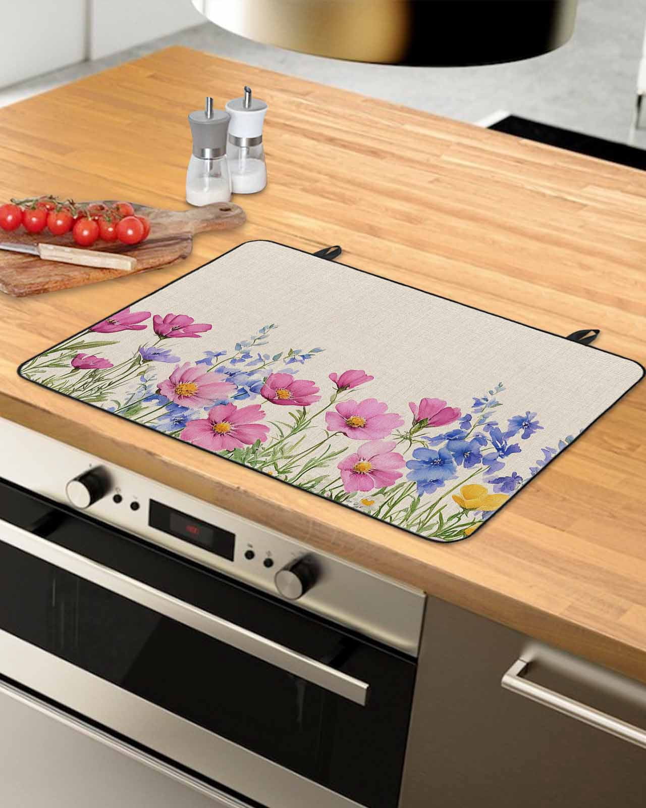 nqOlkjepod Large Induction Cooktop Protector Mat 24"x21", Spring Flowers Stove Top Covers for Electric Stove, Watercolor Rustic Botanical Herbs Floral Stove Burner Cover Mats, Glass Top Stove Cover