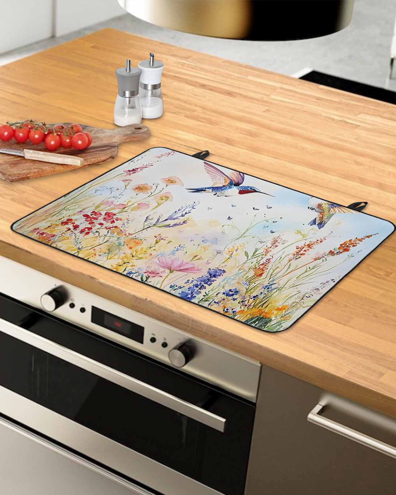 nqOlkjepod Large Induction Cooktop Protector Mat 24"x21", Spring Hummingbird Floral Stove Top Covers for Electric Stove, Farmhouse Flower Botanical Stove Burner Cover Mats, Glass Top Stove Cover