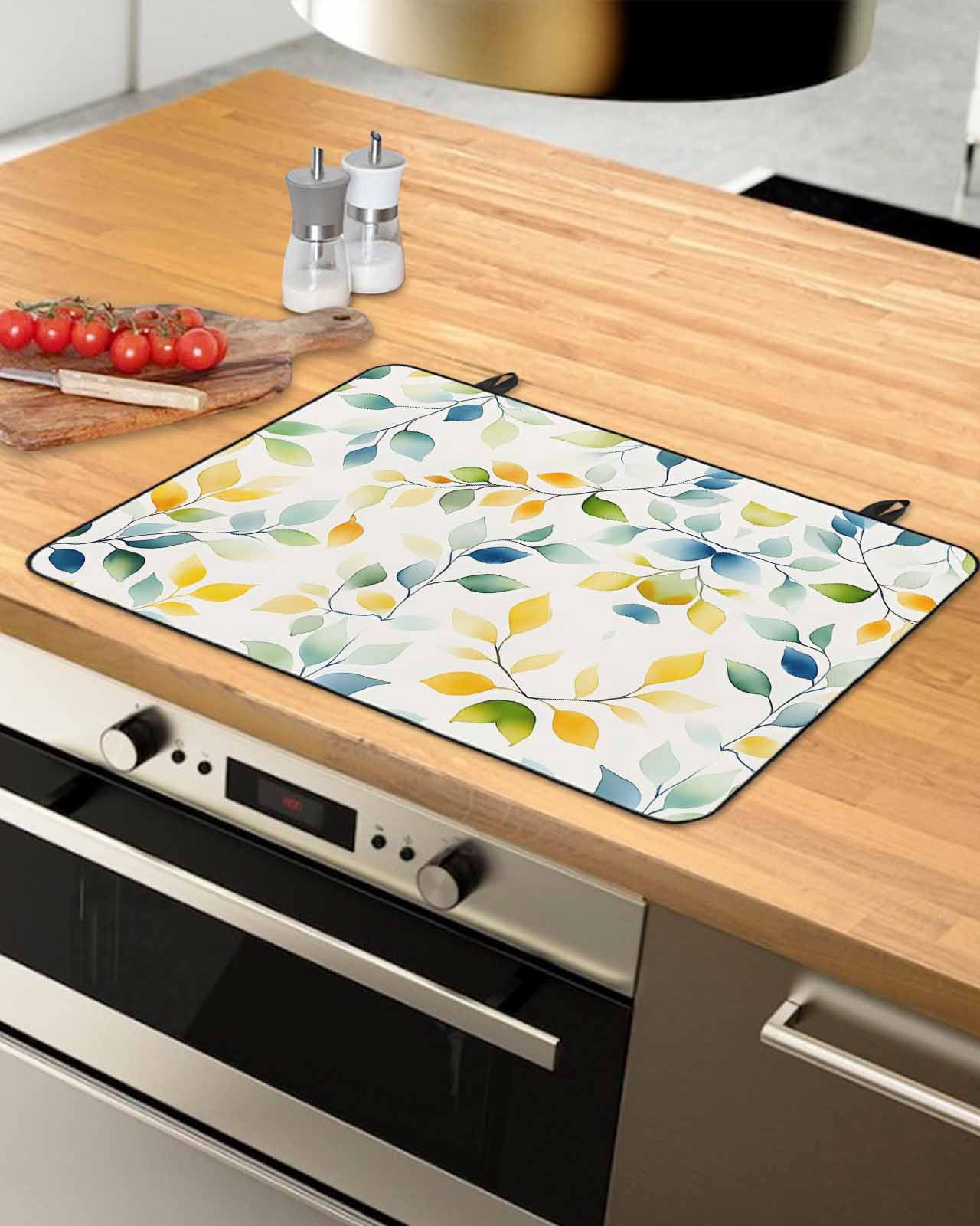 nqOlkjepod Large Induction Cooktop Protector Mat 24"x21", Spring Leaves Stove Top Covers for Electric Stove, Colorful Botanical Eucalyptus Vines Plants Stove Burner Cover Mats, Glass Top Stove Cover