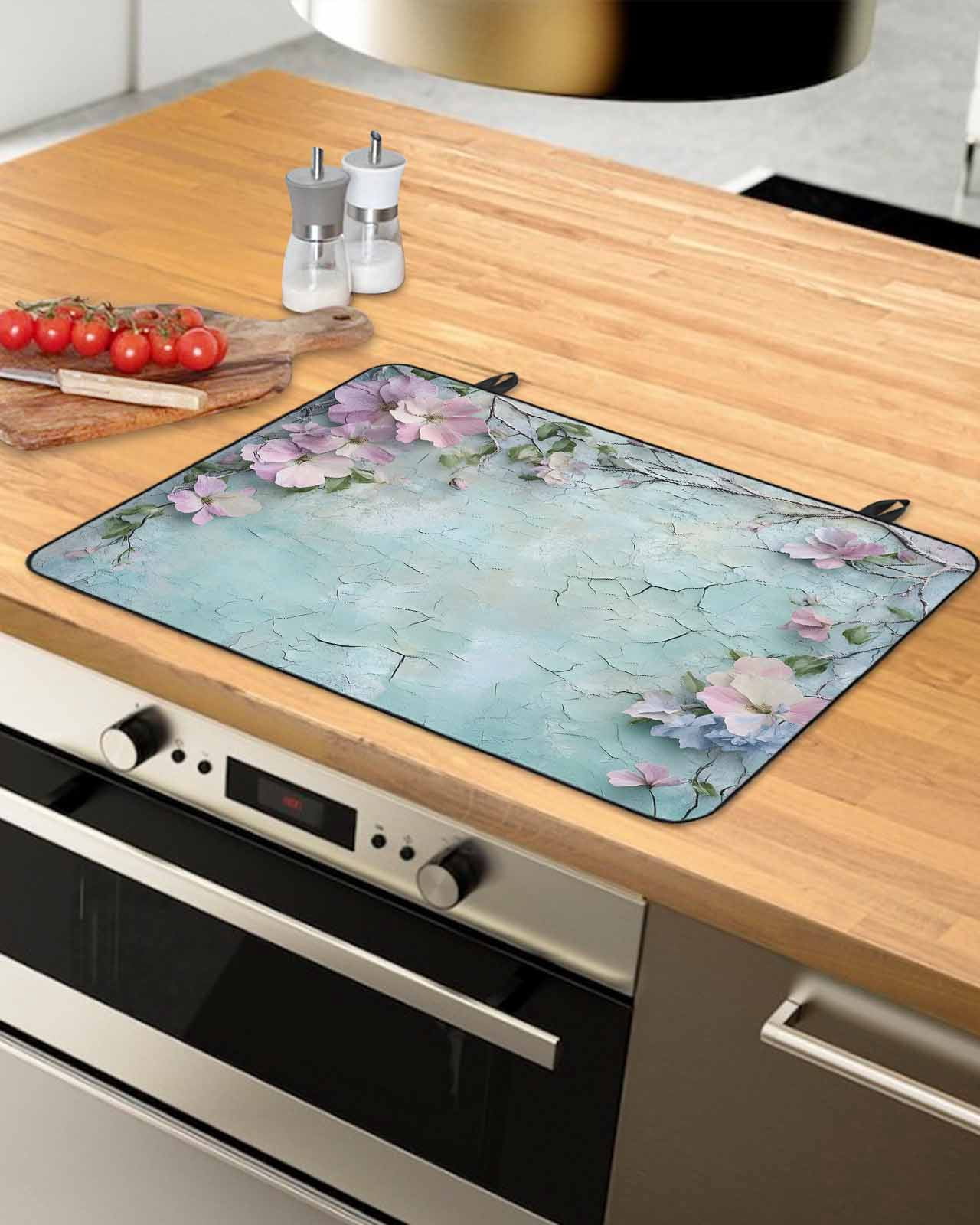 nqOlkjepod Large Induction Cooktop Protector Mat 24"x21", Spring Pink Flower Stove Top Covers for Electric Stove, Branch Leaves Mottled Walls Garden Stove Burner Cover Mats, Glass Top Stove Cover