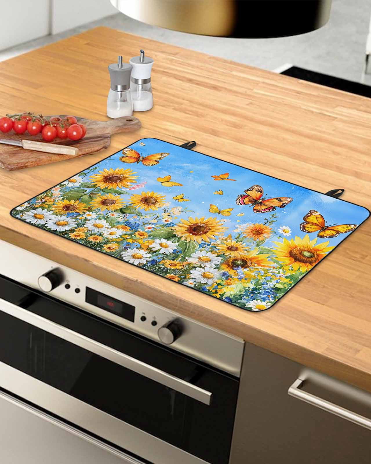 nqOlkjepod Large Induction Cooktop Protector Mat 24"x21", Spring Sunflower Daisy Stove Top Covers for Electric Stove, Yellow Butterfly Retro Oil Painting Stove Burner Cover Mats Stove Cover