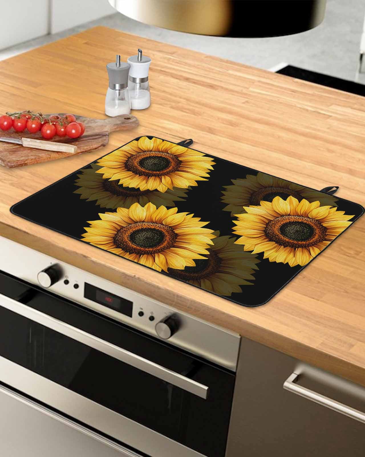 nqOlkjepod Large Induction Cooktop Protector Mat 24"x21", Spring Sunflower Stove Top Covers for Electric Stove, Black Vintage Abstract Painting Stove Burner Cover Mats, Glass Top Stove Cover