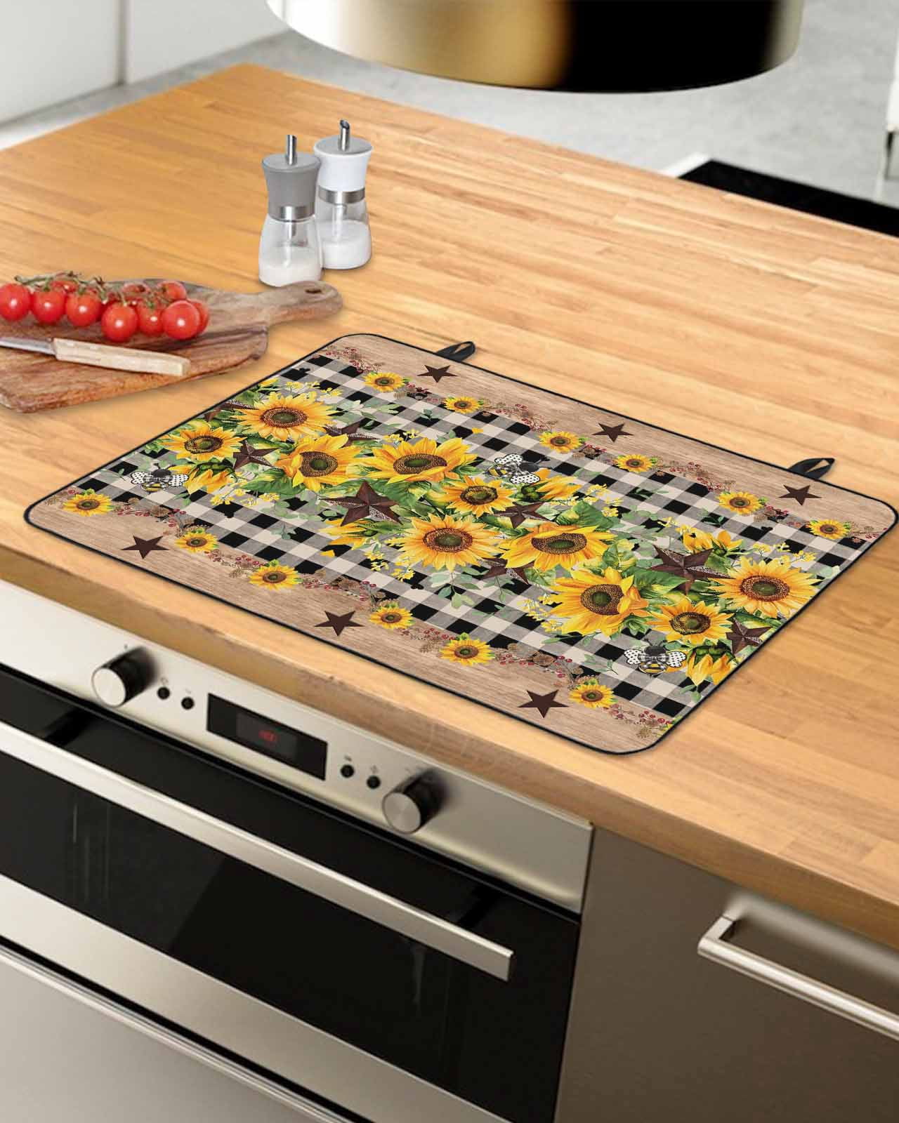nqOlkjepod Large Induction Cooktop Protector Mat 24"x21", Spring Sunflower Stove Top Covers for Electric Stove, Checkered Star Farmhouse Retro Stove Burner Cover Mats, Glass Top Stove Cover