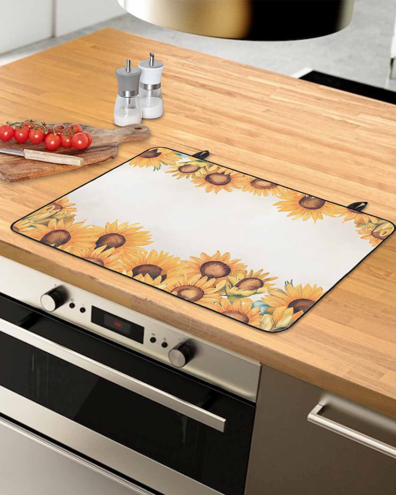 nqOlkjepod Large Induction Cooktop Protector Mat 24"x21", Spring Yellow Sunflower Stove Top Covers for Electric Stove, Retro Botanical Pastoral Country Stove Burner Cover Mats, Glass Top Stove Cover