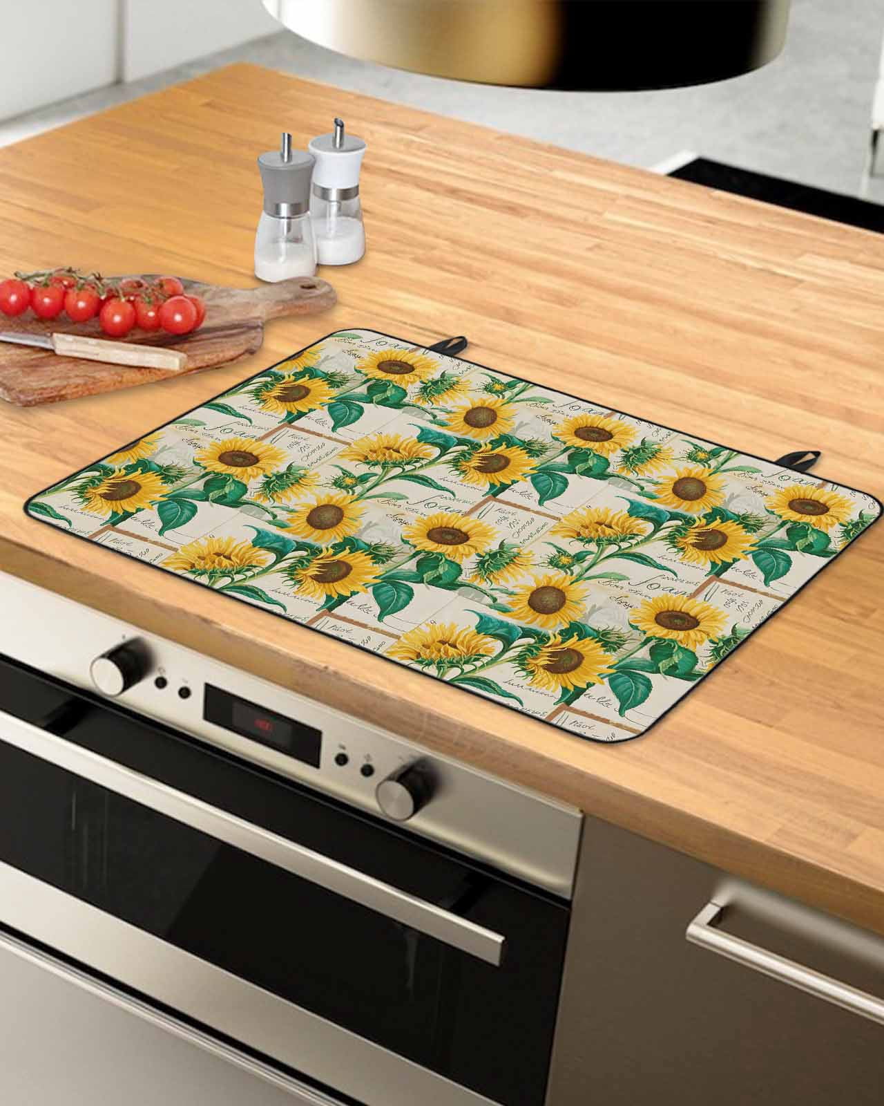 nqOlkjepod Large Induction Cooktop Protector Mat 24"x21", Spring Yellow Sunflowers Stove Top Covers for Electric Stove, Green Leaves Retro Floral Country Stove Burner Cover Mats Stove Cover