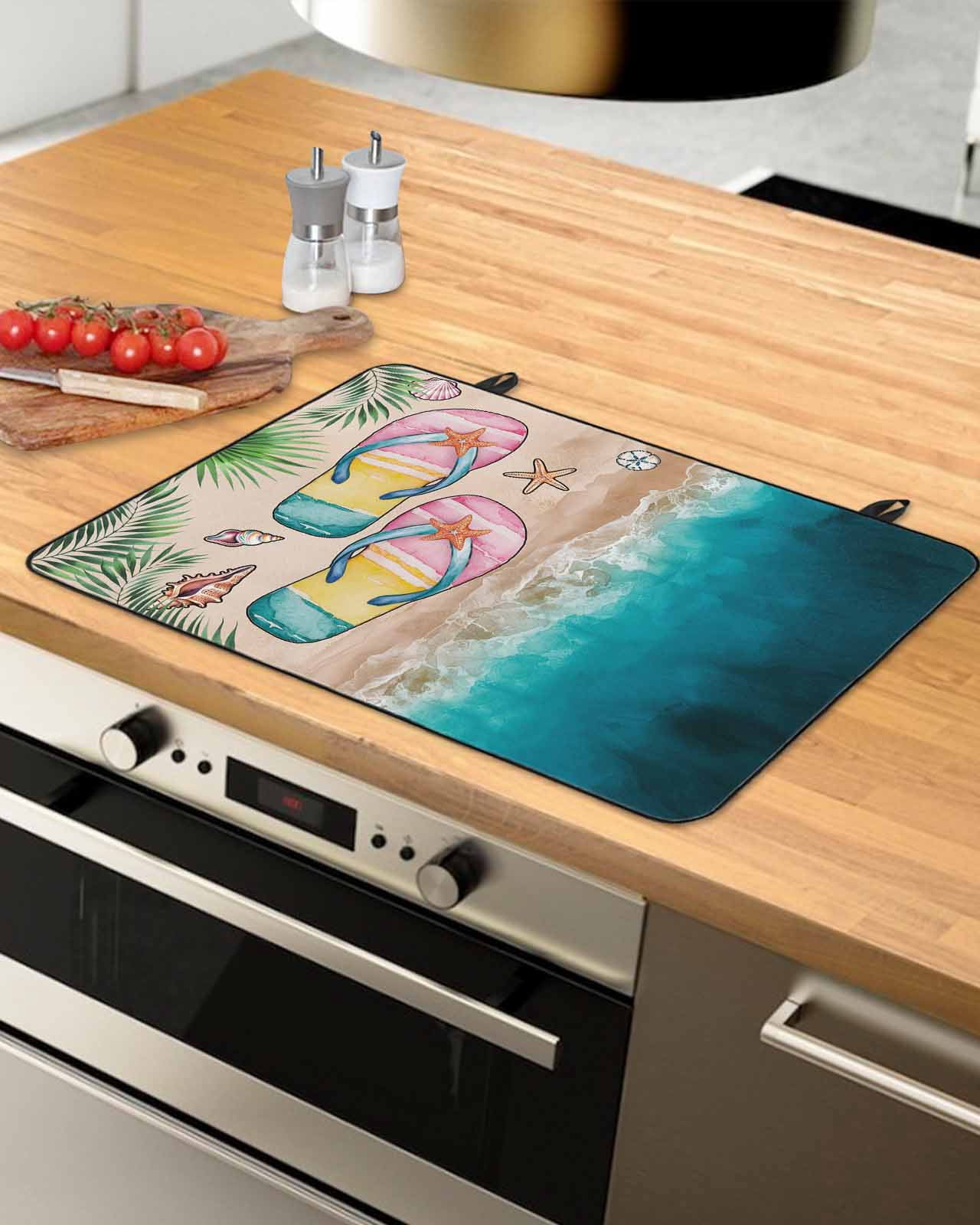 nqOlkjepod Large Induction Cooktop Protector Mat 24"x21", Summer Beach Coastal Stove Top Covers for Electric Stove, Slippers Palm Leaf Shells Coral Stove Burner Cover Mats, Glass Top Stove Cover
