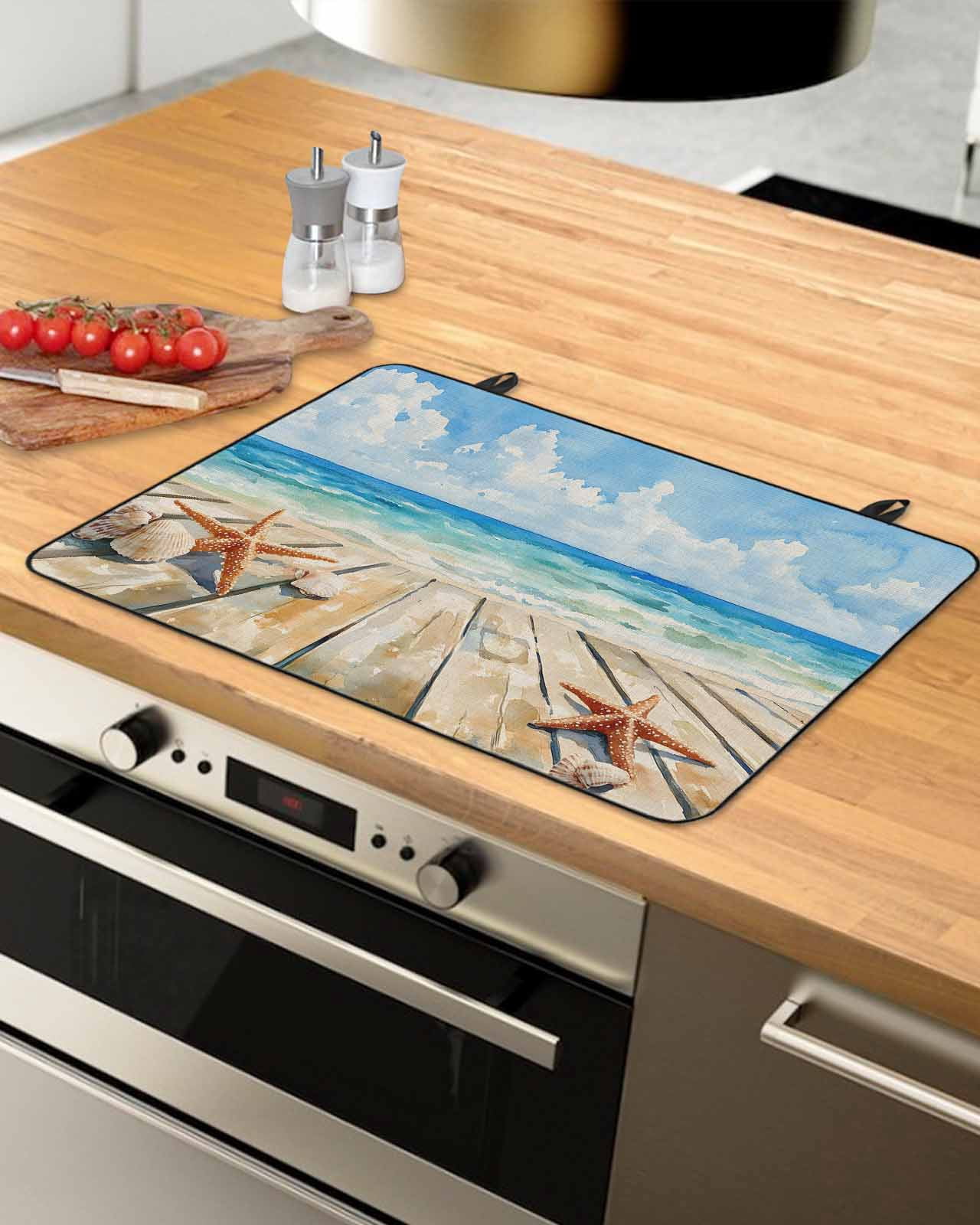 nqOlkjepod Large Induction Cooktop Protector Mat 24"x21", Summer Beach Stove Top Covers for Electric Stove, Coastal Starfish Seashells Ocean Blue Sky Stove Burner Cover Mats, Glass Top Stove Cover