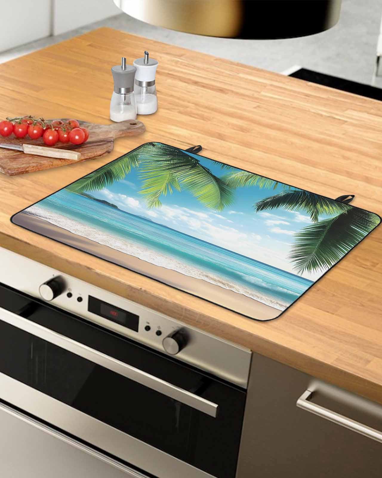 nqOlkjepod Large Induction Cooktop Protector Mat 24"x21", Summer Beach Stove Top Covers for Electric Stove, Ocean Tropical Palm Tree Seaside Landscape Stove Burner Cover Mats, Glass Top Stove Cover