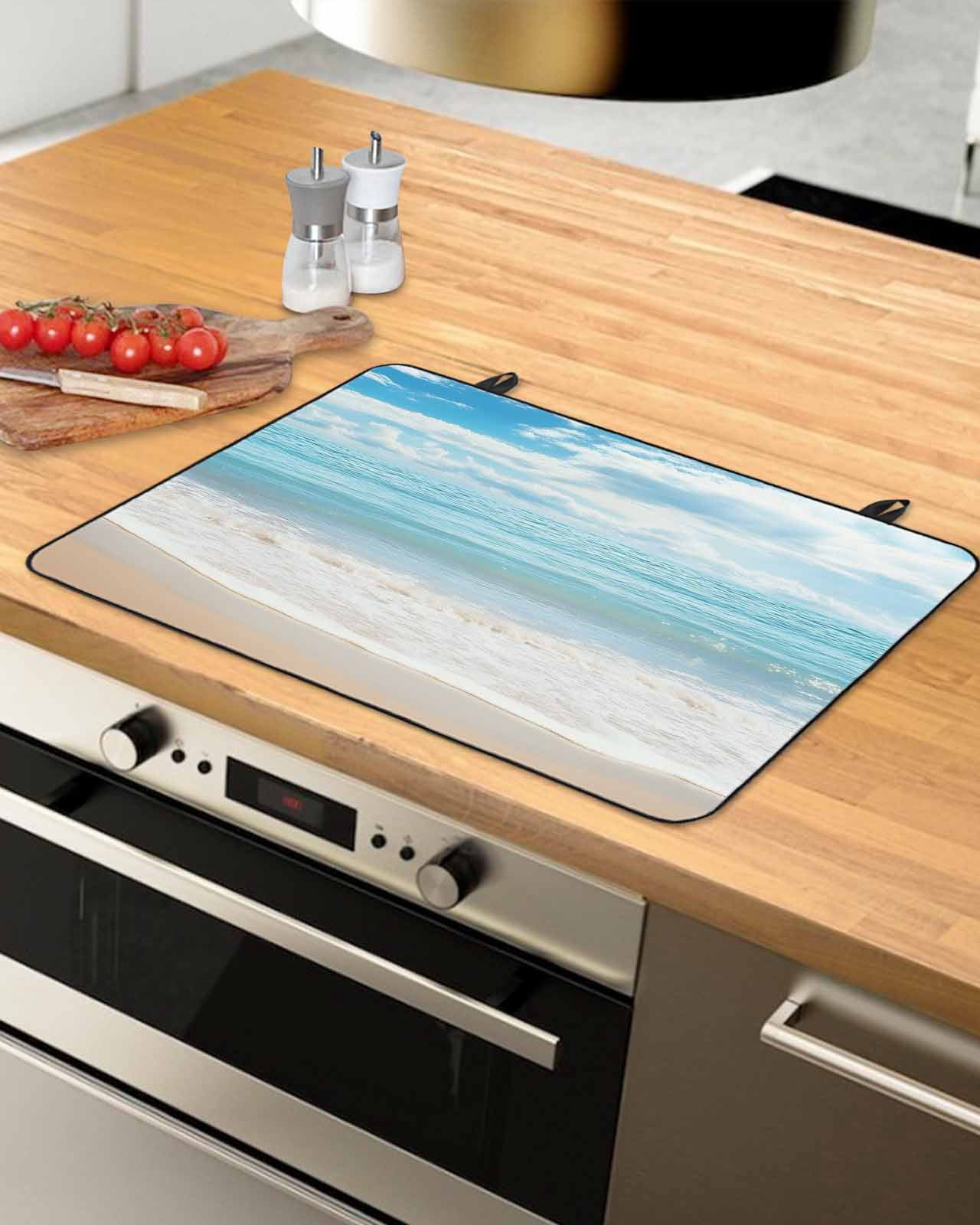 nqOlkjepod Large Induction Cooktop Protector Mat 24"x21", Summer Beach Stove Top Covers for Electric Stove, Ocean Waves Coastal Blue Decorative Stove Burner Cover Mats, Glass Top Stove Cover