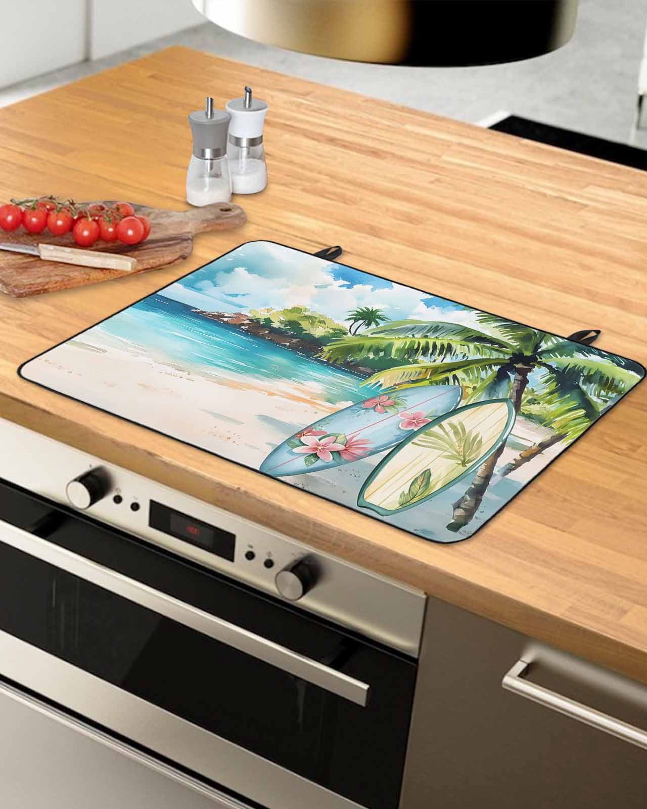 nqOlkjepod Large Induction Cooktop Protector Mat 24"x21", Summer Beach Stove Top Covers for Electric Stove, Tropical Coastal Palm Tree Surfboard Stove Burner Cover Mats, Glass Top Stove Cover