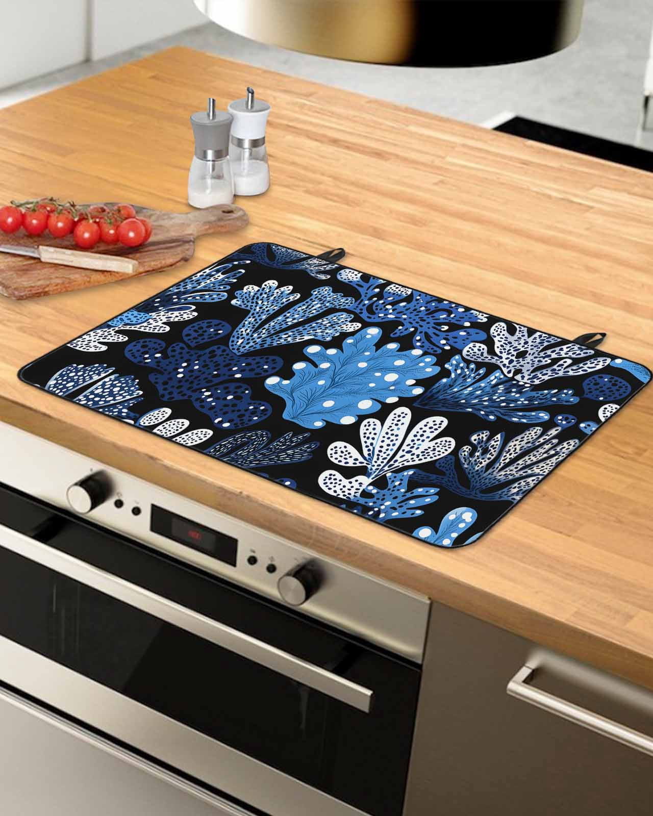 nqOlkjepod Large Induction Cooktop Protector Mat 24"x21", Summer Blue Coral Stove Top Covers for Electric Stove, Coastal Watercolor Ocean Plant Stove Burner Cover Mats, Glass Top Stove Cover
