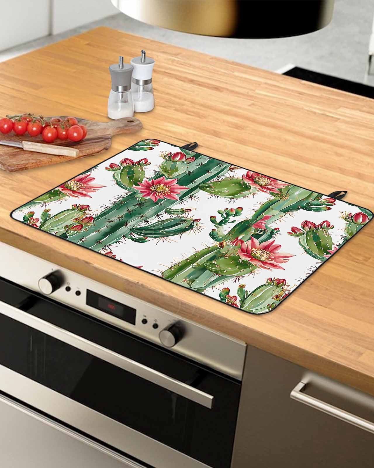 nqOlkjepod Large Induction Cooktop Protector Mat 24"x21", Summer Cactus Floral Stove Top Covers for Electric Stove, Watercolor Red Flower Plant Stove Burner Cover Mats, Glass Top Stove Cover