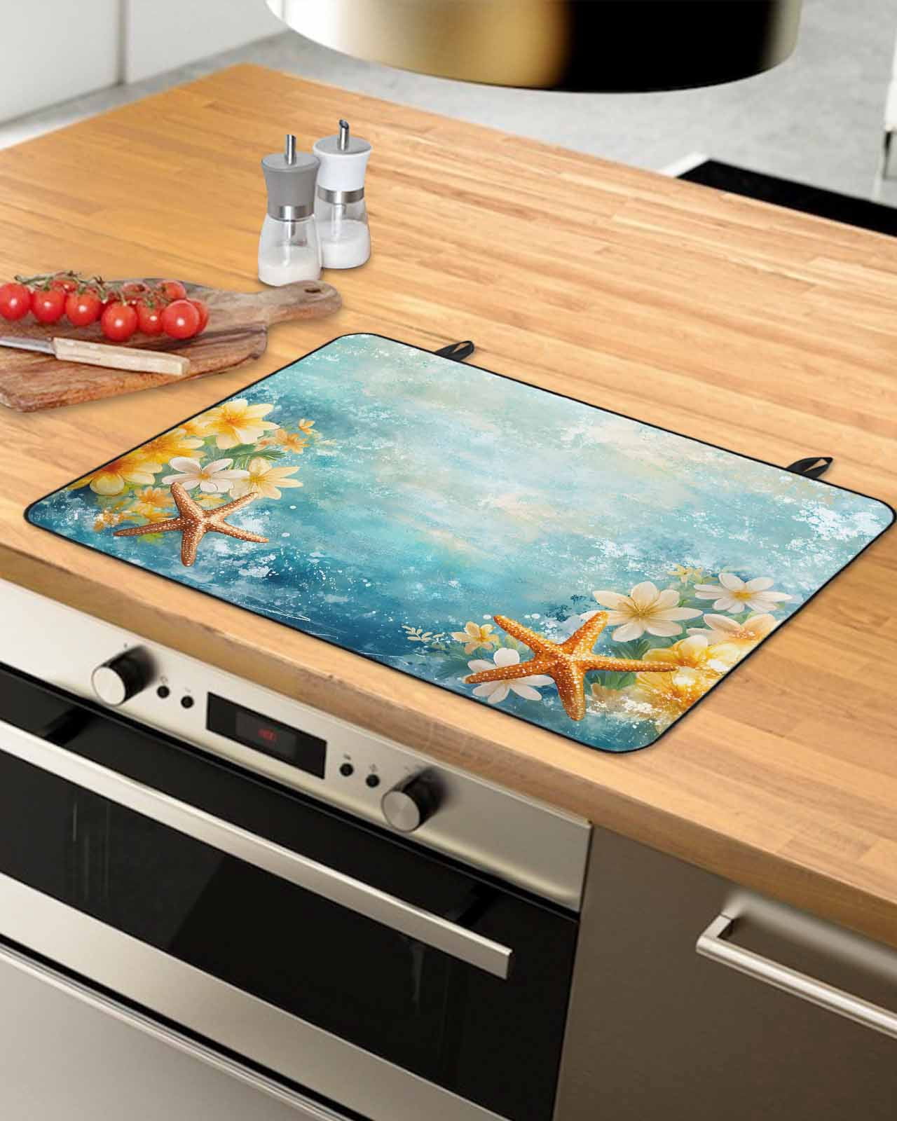 nqOlkjepod Large Induction Cooktop Protector Mat 24"x21", Summer Coastal Stove Top Covers for Electric Stove, Blue Ocean Starfish Botanical Flowers Stove Burner Cover Mats, Glass Top Stove Cover